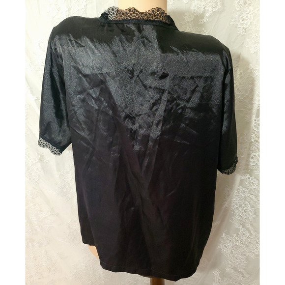 LUXURIOUS SLEEP SHIRT Button Down Kimono SHINY BLACK SATIN Lace WOMEN'S PLUS 1X - Picture 8 of 9